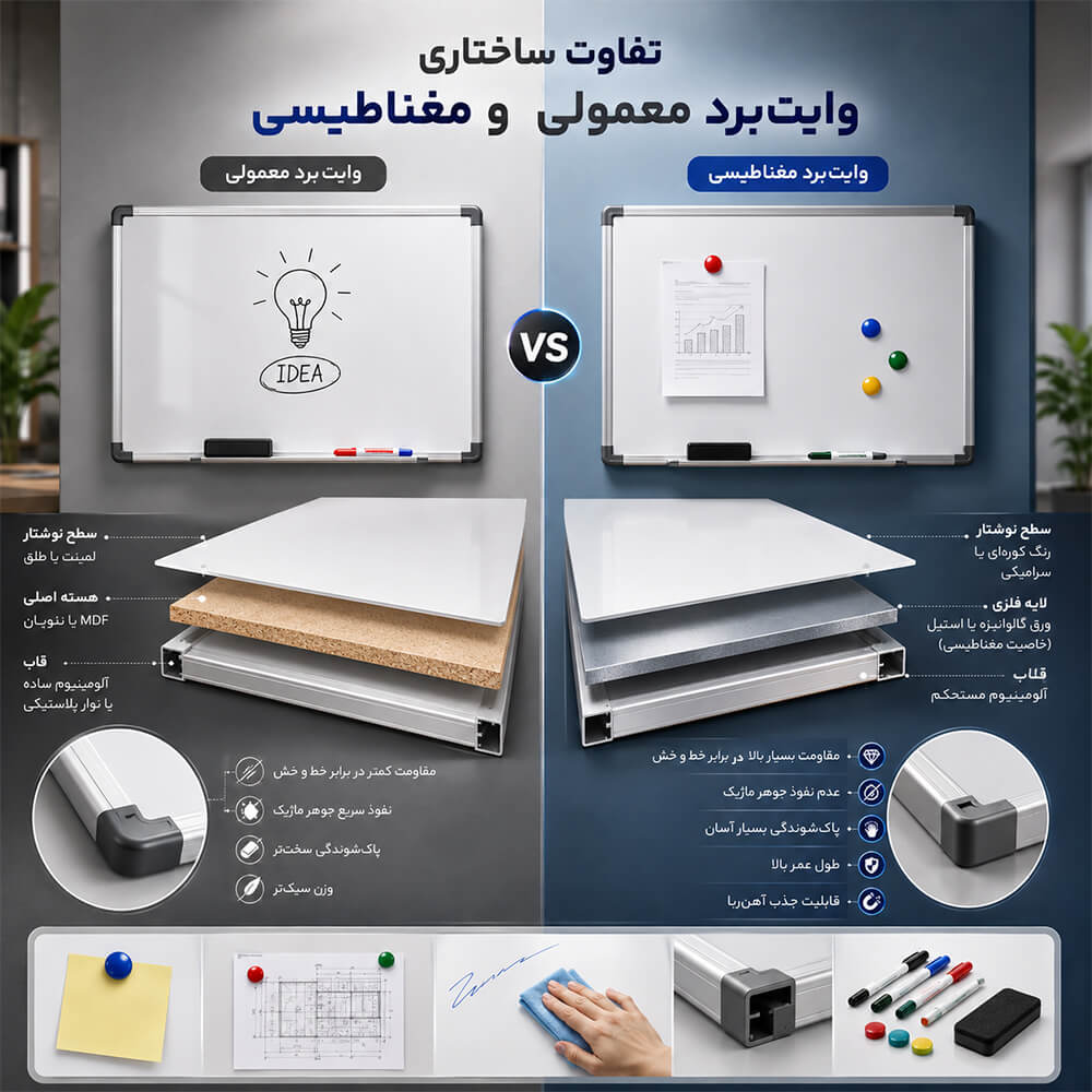 تفاوت ساختاری وایت‌برد معمولی و مغناطیسی