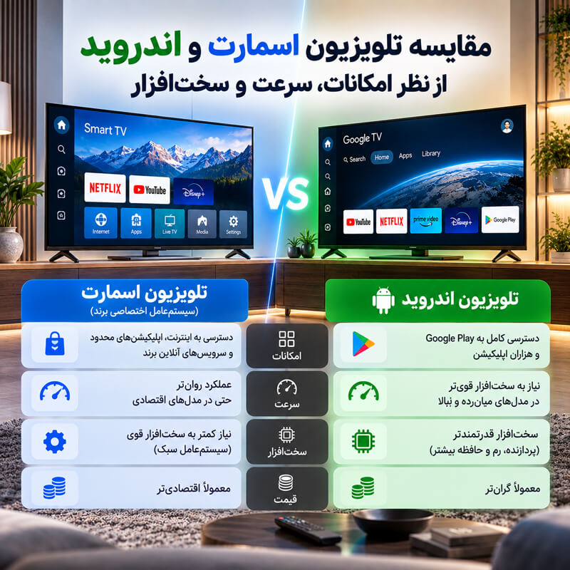 مقایسه تلویزیون اسمارت و اندروید از نظر امکانات، سرعت و سخت‌افزار